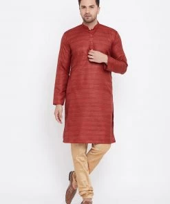 Vastramay Men's Maroon And Rose Gold Silk Blend Kurta Pyjama Set