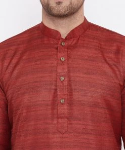 Vastramay Men's Maroon And Rose Gold Silk Blend Kurta Pyjama Set