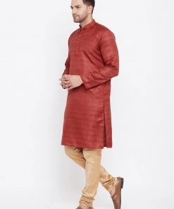 Vastramay Men's Maroon And Rose Gold Silk Blend Kurta Pyjama Set