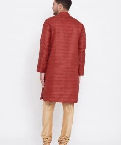 Vastramay Men's Maroon And Rose Gold Silk Blend Kurta Pyjama Set