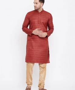 Vastramay Men's Maroon And Rose Gold Silk Blend Kurta Pyjama Set