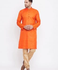Vastramay Men's Orange Silk Blend Kurta