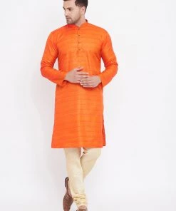 Vastramay Men's Orange And Gold Silk Blend Kurta Pyjama Set Kurta Sets