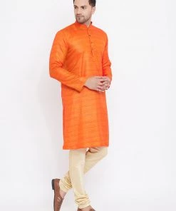Vastramay Men's Orange And Gold Silk Blend Kurta Pyjama Set Kurta Sets