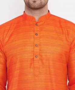 Vastramay Men's Orange And Gold Silk Blend Kurta Pyjama Set Kurta Sets