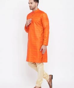 Vastramay Men's Orange And Gold Silk Blend Kurta Pyjama Set Kurta Sets