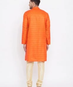Vastramay Men's Orange And Gold Silk Blend Kurta Pyjama Set Kurta Sets