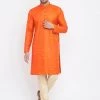 Vastramay Men's Orange And Gold Silk Blend Kurta Pyjama Set Kurta Sets