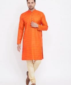 Vastramay Men's Orange And Gold Silk Blend Kurta Pyjama Set Kurta Sets