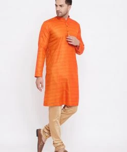 Kurta Sets Vastramay Men's Orange And Rose Gold Silk Blend Kurta Pyjama Set