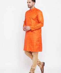 Kurta Sets Vastramay Men's Orange And Rose Gold Silk Blend Kurta Pyjama Set