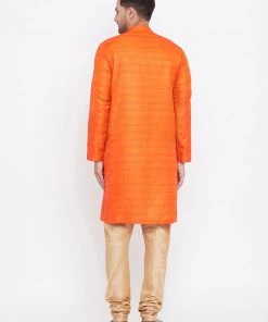Kurta Sets Vastramay Men's Orange And Rose Gold Silk Blend Kurta Pyjama Set