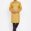 Vastramay Men's Mustard And Black Silk Blend Kurta Pyjama Set Kurta Sets 2 Vastramay Men's Mustard And Black Silk Blend Kurta Pyjama Set Kurta Sets