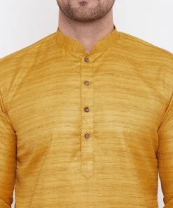 Vastramay Men's Mustard And Black Silk Blend Kurta Pyjama Set Kurta Sets