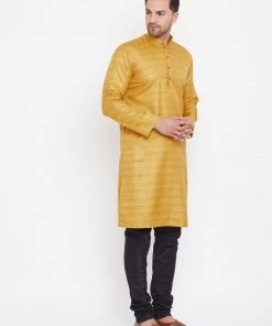 Vastramay Men's Mustard And Black Silk Blend Kurta Pyjama Set Kurta Sets