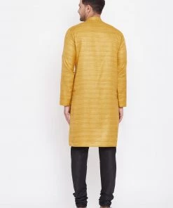 Vastramay Men's Mustard And Black Silk Blend Kurta Pyjama Set Kurta Sets