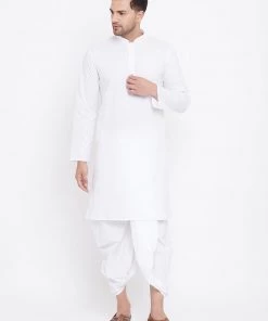 Vastramay Men's White Cotton Kurta And Dhoti Set