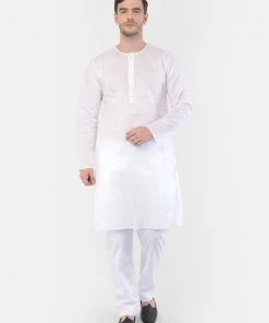 Vastramay Men's White Cotton Addi Kurta Pyjama Set