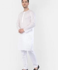 Vastramay Men's White Cotton Addi Kurta Pyjama Set
