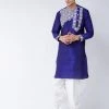 VASTRAMAY Men's Blue And White Silk Blend Kurta And Dhoti Set