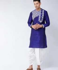 VASTRAMAY Men's Blue And White Silk Blend Kurta And Dhoti Set