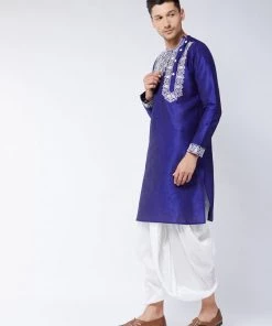 VASTRAMAY Men's Blue And White Silk Blend Kurta And Dhoti Set