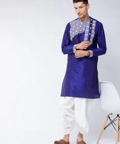 VASTRAMAY Men's Blue And White Silk Blend Kurta And Dhoti Set