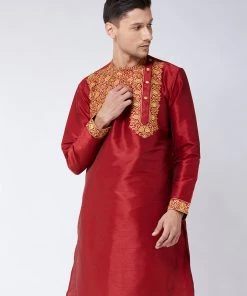 VASTRAMAY Men's Maroon Silk Blend Kurta