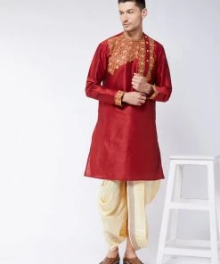 VASTRAMAY Men's Maroon Silk Blend Kurta