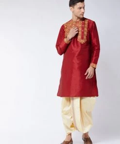 VASTRAMAY Men's Maroon And Gold Silk Blend Kurta And Dhoti Set Dhoti Kurta Sets