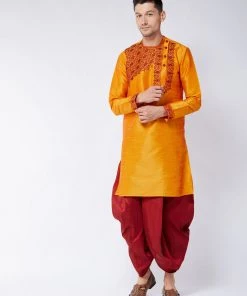 VASTRAMAY Men's Orange And Maroon Silk Blend Kurta And Dhoti Set