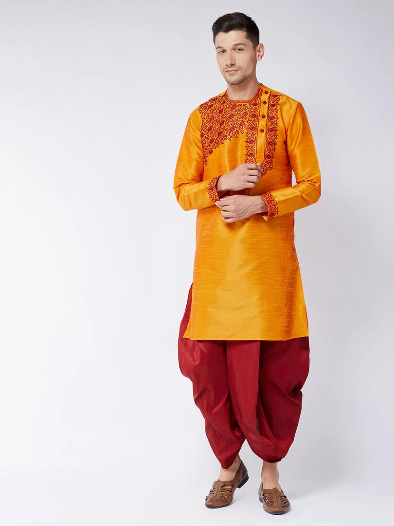 VASTRAMAY Men's Orange And Maroon Silk Blend Kurta And Dhoti Set 3 VASTRAMAY Men's Orange And Maroon Silk Blend Kurta And Dhoti Set