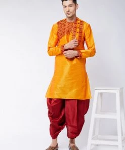 VASTRAMAY Men's Orange And Maroon Silk Blend Kurta And Dhoti Set 14 VASTRAMAY Men's Orange And Maroon Silk Blend Kurta And Dhoti Set