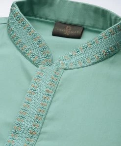 Vastramay Men's Green And White Cotton Blend Kurta And Pyjama Set Kurta Sets