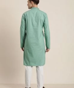 Vastramay Men's Green And White Cotton Blend Kurta And Pyjama Set Kurta Sets