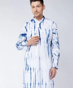 VASTRAMAY Men's Blue And White Pure Cotton Kurta