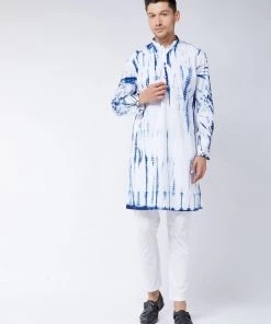 VASTRAMAY Men's Blue And White Cotton Kurta Pyjama Set Kurta Sets
