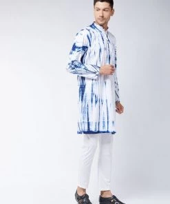VASTRAMAY Men's Blue And White Cotton Kurta Pyjama Set Kurta Sets