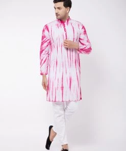 VASTRAMAY Men's Pink And White Cotton Kurta Pyjama Set Ganesh Chaturthi