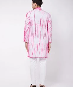 VASTRAMAY Men's Pink And White Cotton Kurta Pyjama Set Ganesh Chaturthi