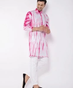 VASTRAMAY Men's Pink And White Cotton Kurta Pyjama Set Ganesh Chaturthi