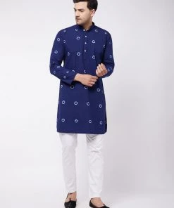 Kurta Sets VASTRAMAY Men's Blue And White Cotton Kurta Pyjama Set