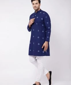 Kurta Sets VASTRAMAY Men's Blue And White Cotton Kurta Pyjama Set