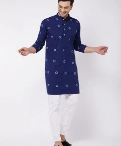 Kurta Sets VASTRAMAY Men's Blue And White Cotton Kurta Pyjama Set