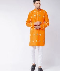 Kurta Sets VASTRAMAY Men's Orange And White Cotton Kurta Pyjama Set