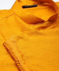 Vastramay Men's Angrakha Style Yellow Kurta And Pyjama Set Kurta Sets