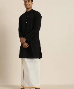 VASTRAMAY Men's Black Cotton Kurta And Mundu Set