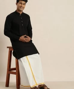 VASTRAMAY Men's Black Cotton Kurta And Mundu Set