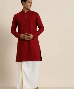 VASTRAMAY Men's Maroon Cotton Kurta And Mundu Set