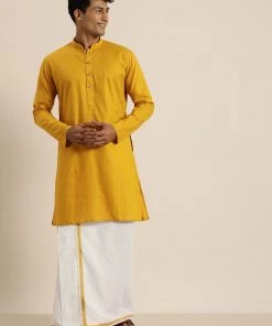 VASTRAMAY Men's Mustard Cotton Kurta And Mundu Set